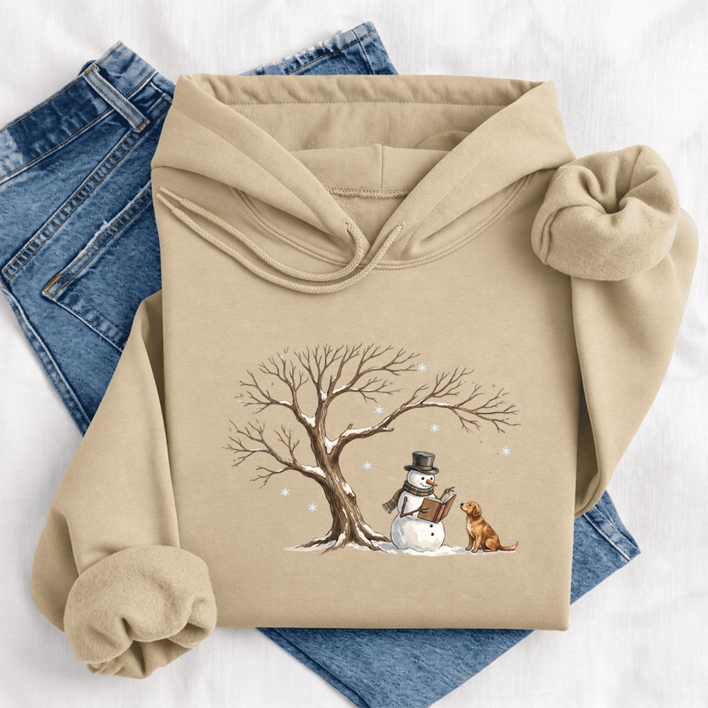 Golden Retriever And Snowman Under Tree Softstyle Hoodie | Christmas Reader Gift Sand
