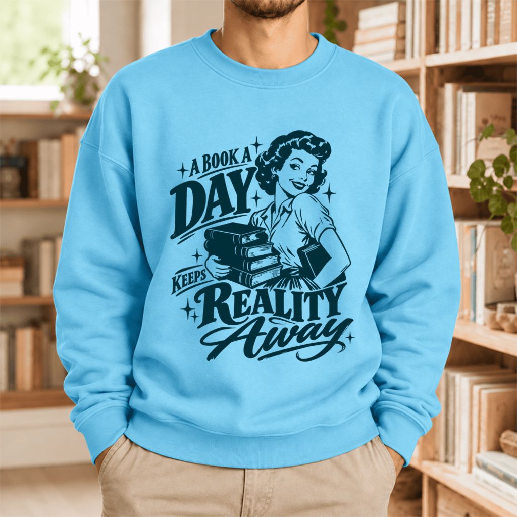 A Book A Day Keeps Reality Away Softstyle Sweatshirt | Cozy Book Lover Gift Sky