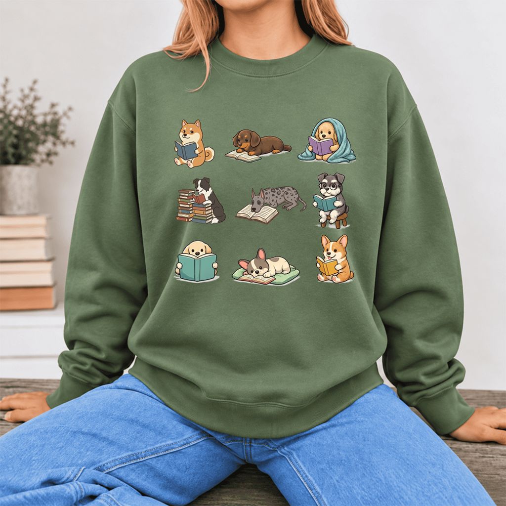 Funny Reading Dogs Embroidered Sweatshirt | Dog Mom Reader Gift Military Green
