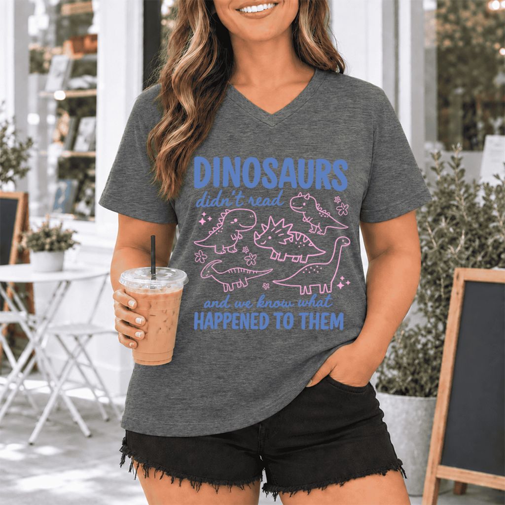 Dinosaurs Didn'T Read Ultra-Soft V-Neck | Funny Book Lover Gift Deep Heather
