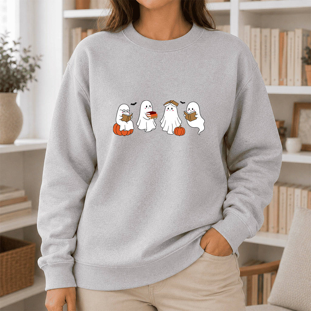 Halloween Ghosts Reading Printed Sweatshirt | Spooky Book Lover Gift Sport Grey