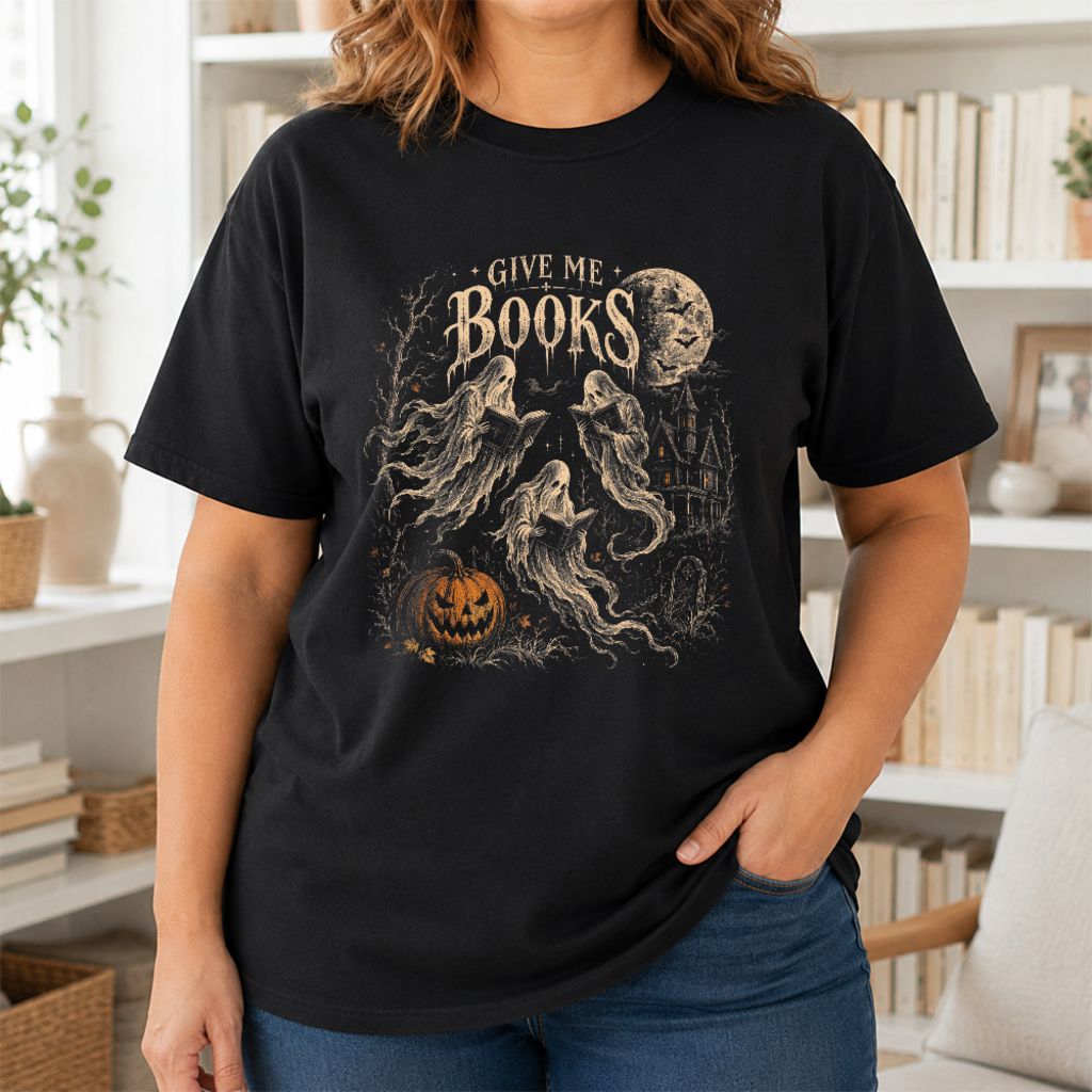 Give Me Books Printed T-Shirt | Halloween Book Lover Gift Black