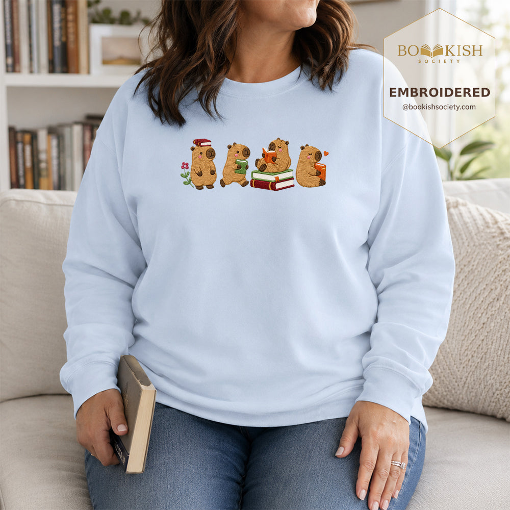 Reading Capybaras Embroidered Sweatshirt | Reader Gift Light Blue