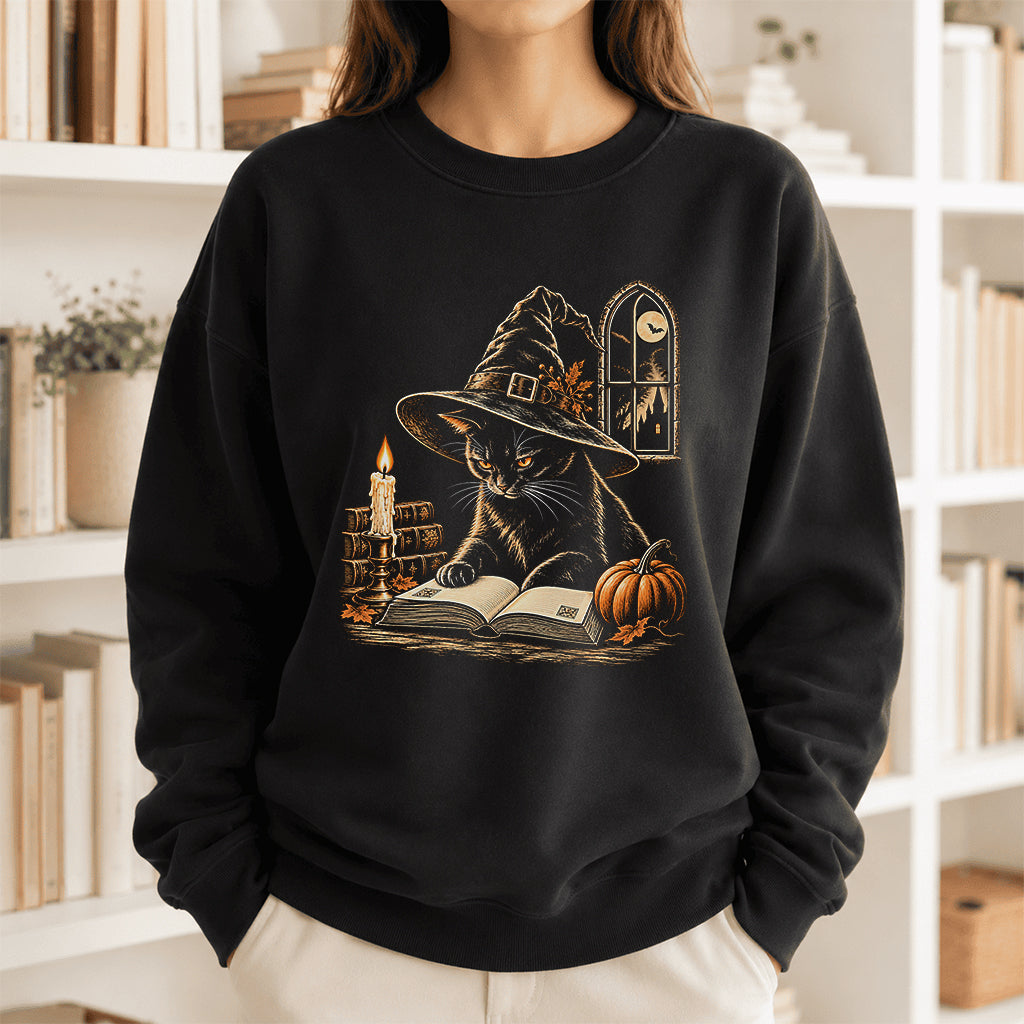 Reading Black Cat Witch Printed Sweatshirt | Halloween Book Lover Gift Black