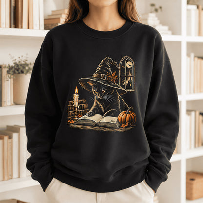Reading Black Cat Witch Printed Sweatshirt | Halloween Book Lover Gift Black