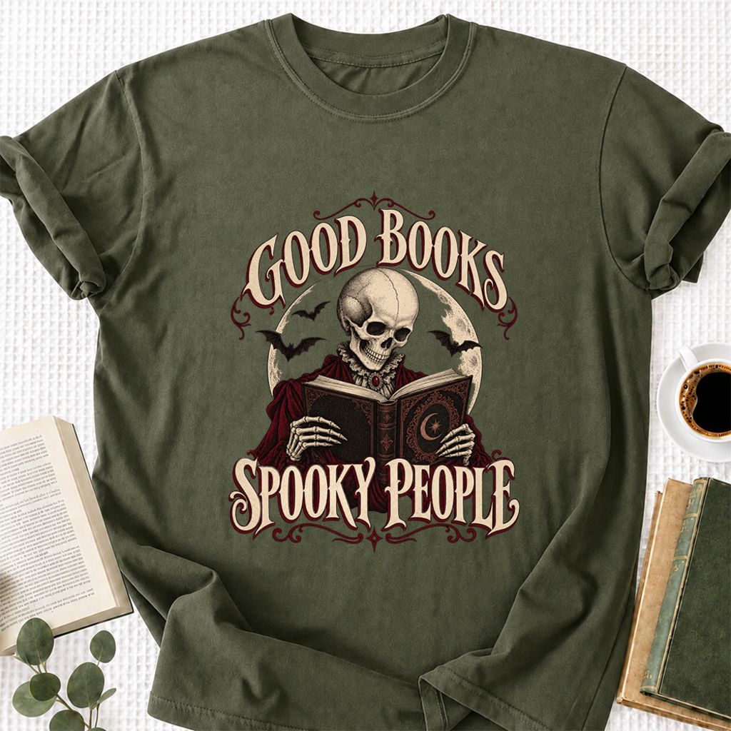 Good Books Spooky People Printed T-Shirt | Halloween Book Lover Gift Military Green