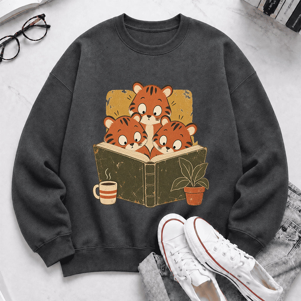 Minimal Japanese Tigers Reading Crewneck Sweatshirt | Reader Gift Dark Heather