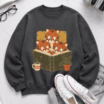 Minimal Japanese Tigers Reading Crewneck Sweatshirt | Reader Gift Dark Heather
