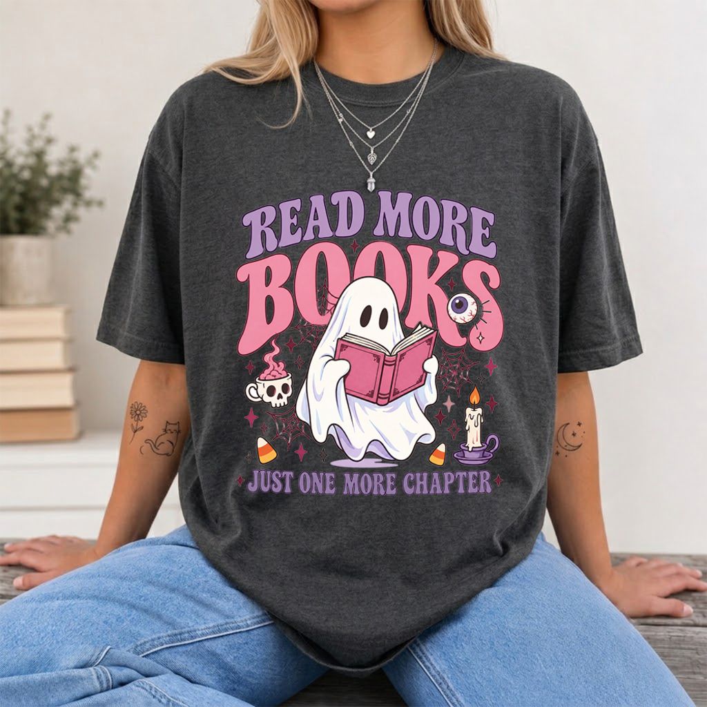 Read More Books Ghost Printed T-Shirt | Halloween Book Lover Gift Dark Heather