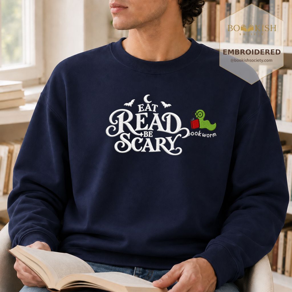 Eat Read Be Scary Embroidered Sweatshirt | Halloween Book Lover Gift Navy