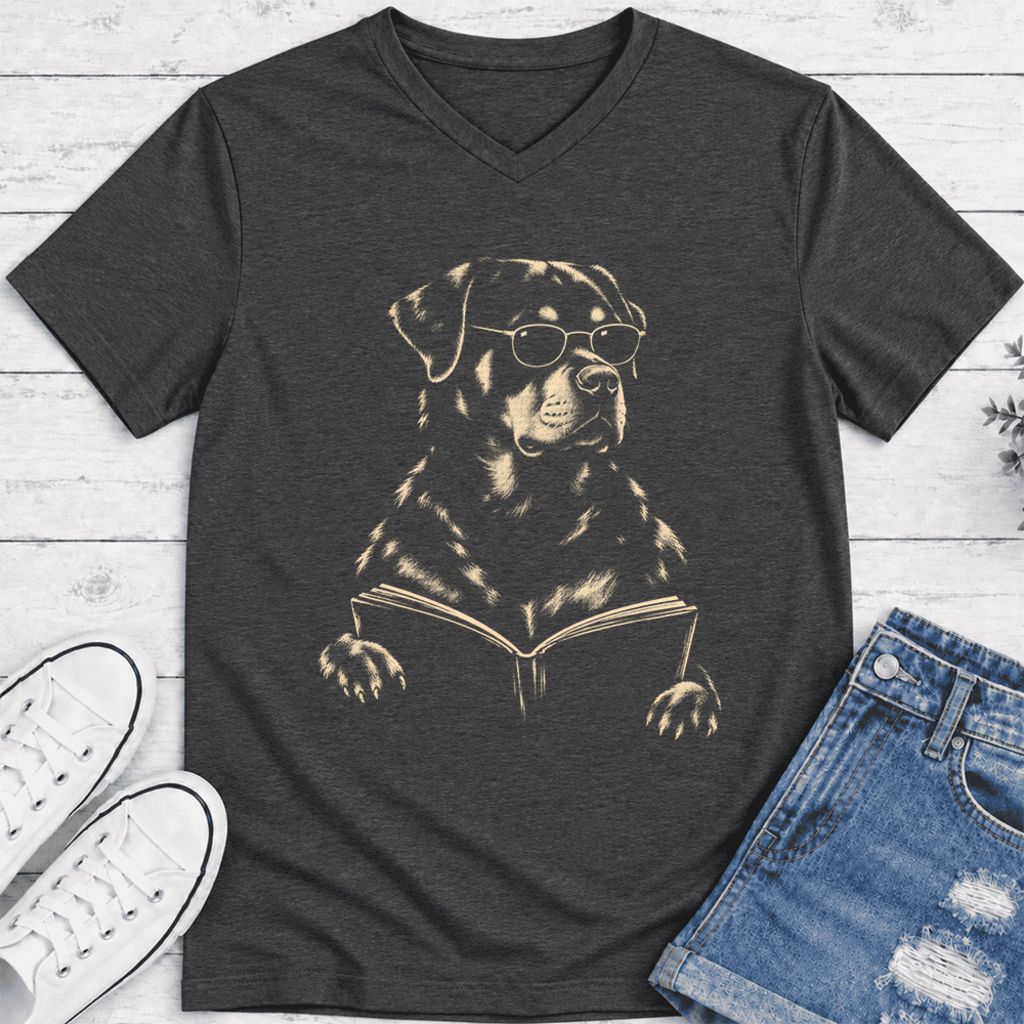 Rottweiler Reading Book Ultra-Soft V-Neck | Dog Mom Reader Gift Dark Grey Heather