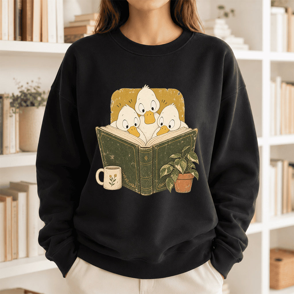 Minimal Japanese Ducks Reading Crewneck Sweatshirt | Reader Gift Black