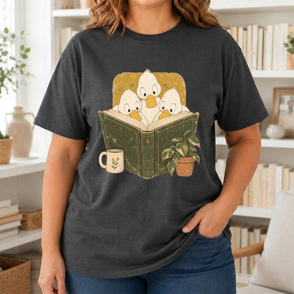 Minimal Japanese Ducks Reading Softstyle T-Shirt | Book Lover Gift Dark Heather