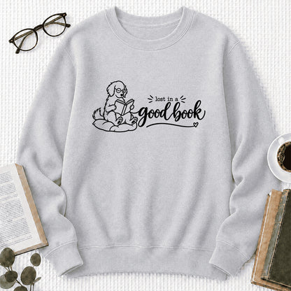 Lost In A Good Book Crewneck Sweatshirt | Dog Lover & Reader Gift Sport Grey