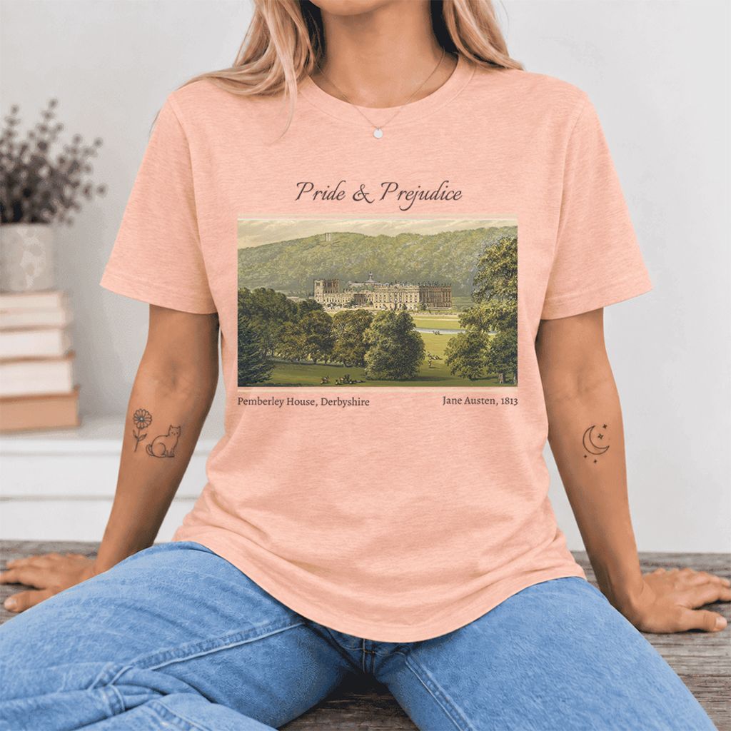 Pemberley House Pride And Prejudice Ultra-Soft Cotton T-Shirt | Gift Heather Peach