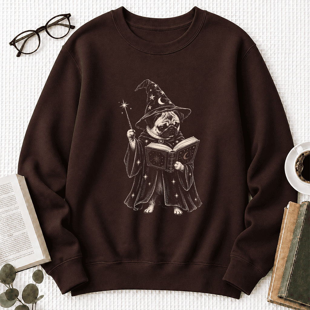 Cute Pug Witch Reading Book Printed Sweatshirt | Halloween Book Lover Gift Dark Chocolate