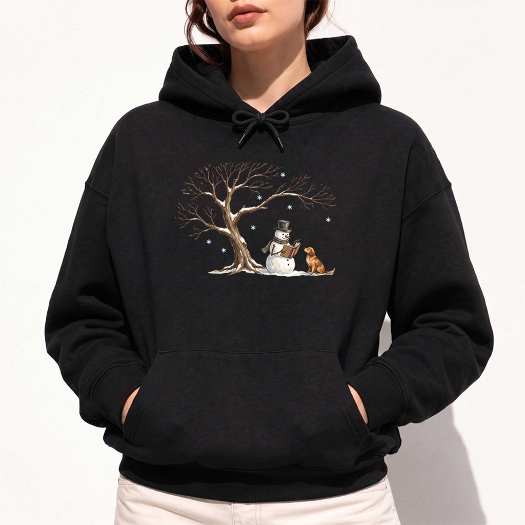 Golden Retriever And Snowman Under Tree Softstyle Hoodie | Christmas Reader Gift Black