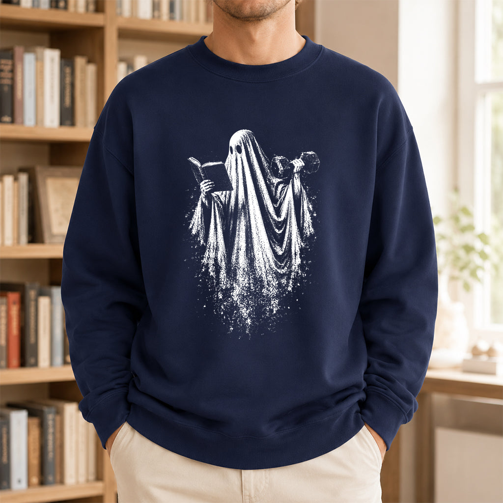 Reading Gym Ghost Printed Sweatshirt | Halloween Book Lover Gift Navy