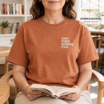 Late Night Reading Club Embroidered Comfort Color® T-shirt | Book Lover Gift Yam