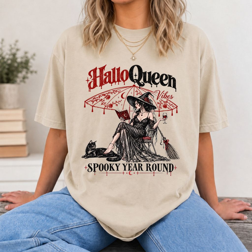 Halloqueen Spooky Year Round Printed T-Shirt | Halloween Book Lover Gift Sand