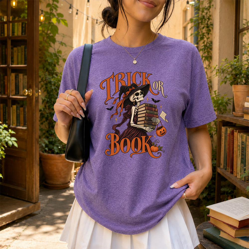 Trick Or Book Lady Printed T-Shirt | Halloween Book Lover Gift Heather Purple