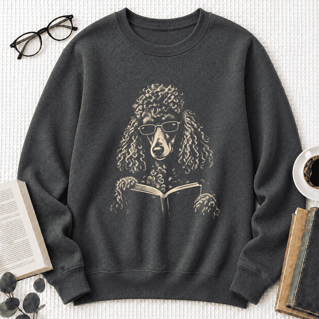Poodle Reading Book Crewneck Sweatshirt | Reader Gift Dark Heather