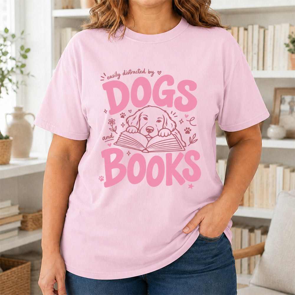 Easily Distracted by Dog and Books Cotton T-Shirt | Dogs Lover & Reader Gift Light Pink
