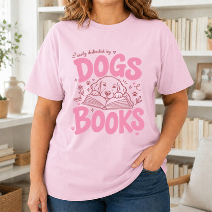 Easily Distracted by Dog and Books Cotton T-Shirt | Dogs Lover & Reader Gift Light Pink