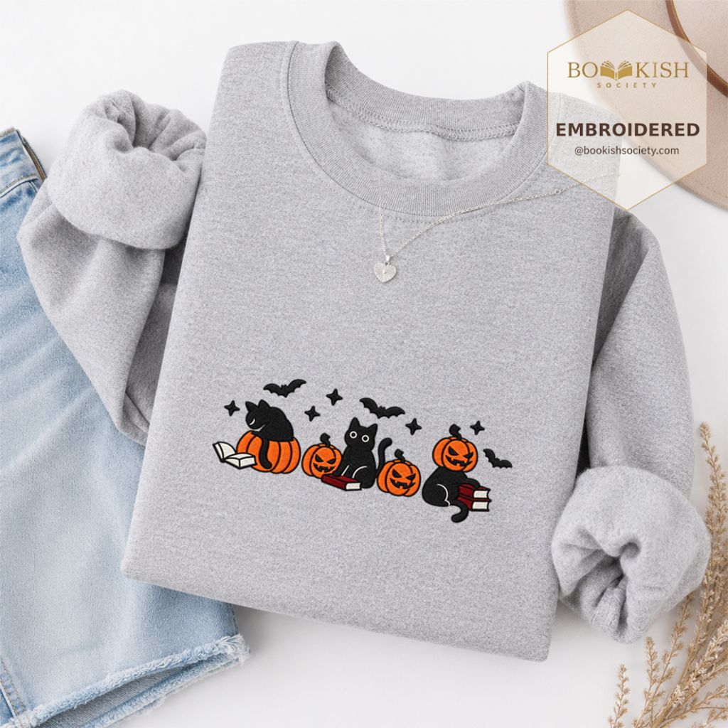 Black Cats And Halloween Embroidered Sweatshirt | Spooky Book Lover Gift Sport Grey