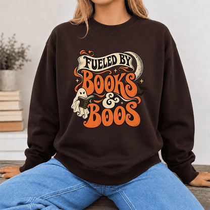 Fueled By Books & Boos Printed Sweatshirt | Halloween Book Lover Gift Dark Chocolate
