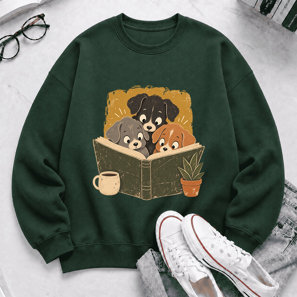 Minimal Japanese Dogs Reading Crewneck Sweatshirt | Reader Gift Forest Green