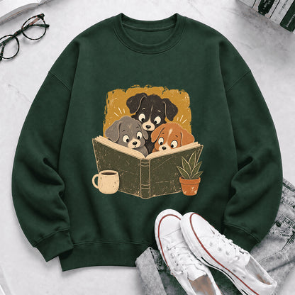 Minimal Japanese Dogs Reading Crewneck Sweatshirt | Reader Gift Forest Green