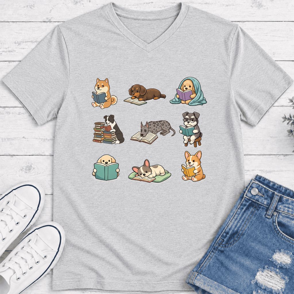 Funny Reading Dogs Ultra-Soft V-Neck | Dog Mom Reader Gift Ash