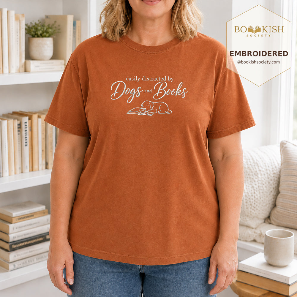Easily Distracted By Dogs And Books Embroidered Comfort Color® T-shirt | Book Lover Gift Yam