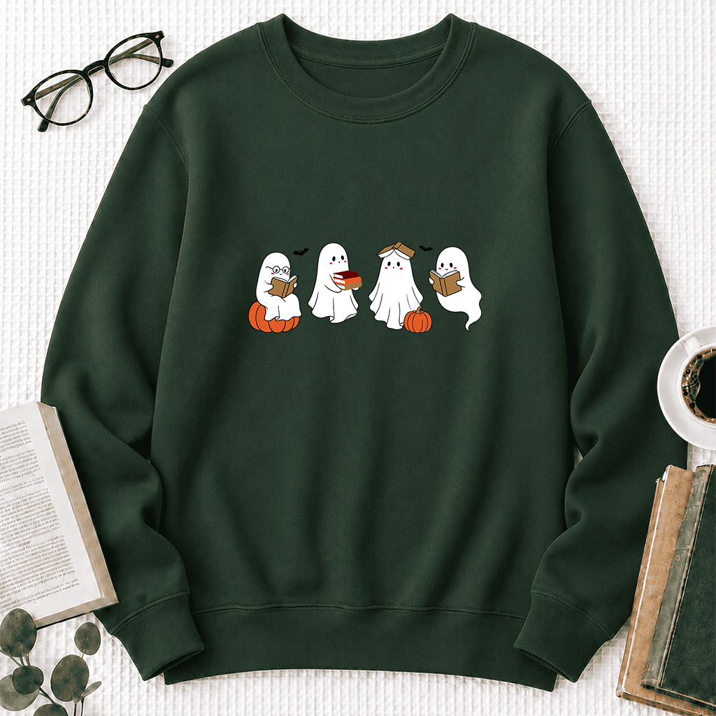 Halloween Ghosts Reading Printed Sweatshirt | Spooky Book Lover Gift Forest Green