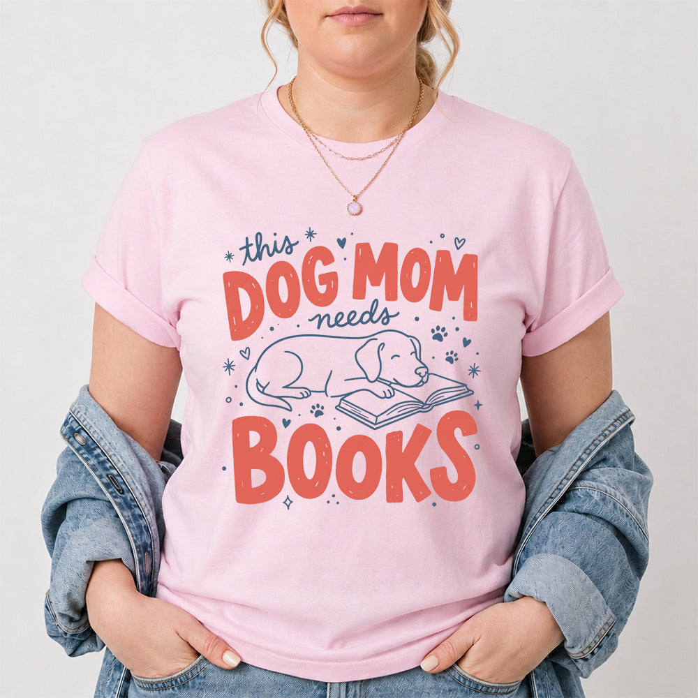 Dog Mom Needs Books Cotton T-Shirt | Dog Lover & Reader Gift Light Pink
