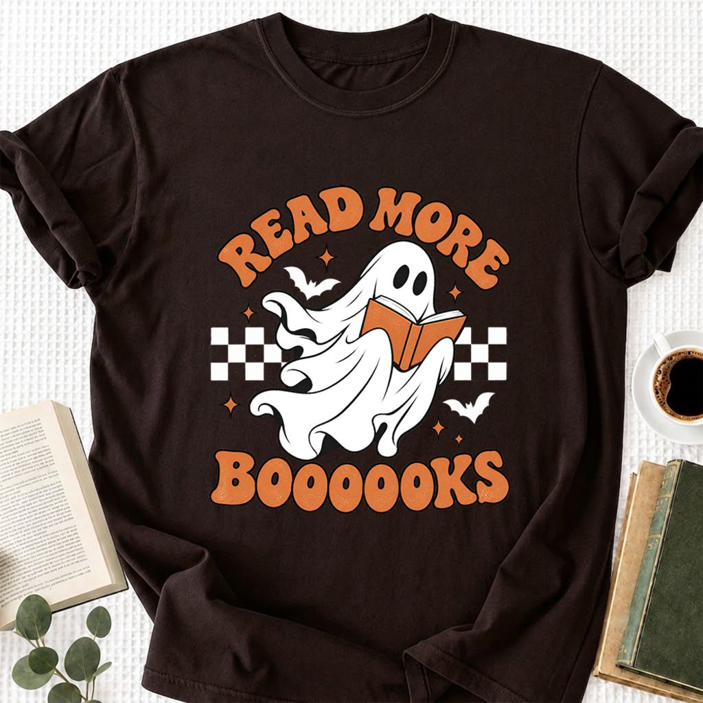 Read More Books Flying Ghost Printed T-Shirt | Halloween Book Lover Gift Dark Chocolate
