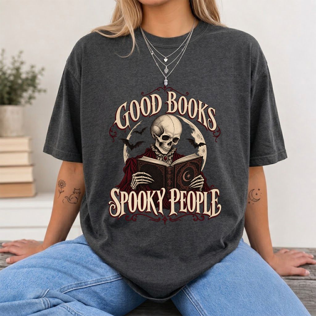 Good Books Spooky People Printed T-Shirt | Halloween Book Lover Gift Dark Heather