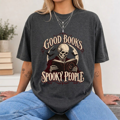 Good Books Spooky People Printed T-Shirt | Halloween Book Lover Gift Dark Heather