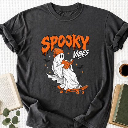 Spooky Vibes Printed T-Shirt | Halloween Book Lover Gift Dark Heather