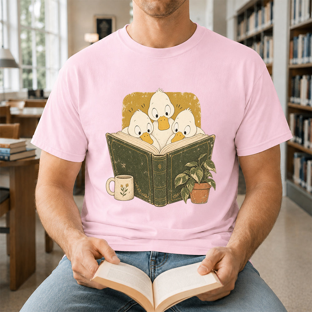 Minimal Japanese Ducks Reading Softstyle T-Shirt | Book Lover Gift Light Pink