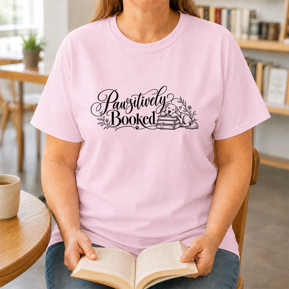 Pawsitively Booked Cotton T-Shirt | Dog Lover & Reader Gift Light Pink