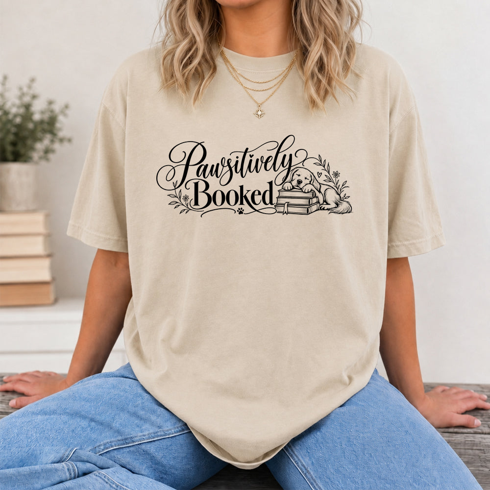 Pawsitively Booked Cotton T-Shirt | Dog Lover & Reader Gift Sand