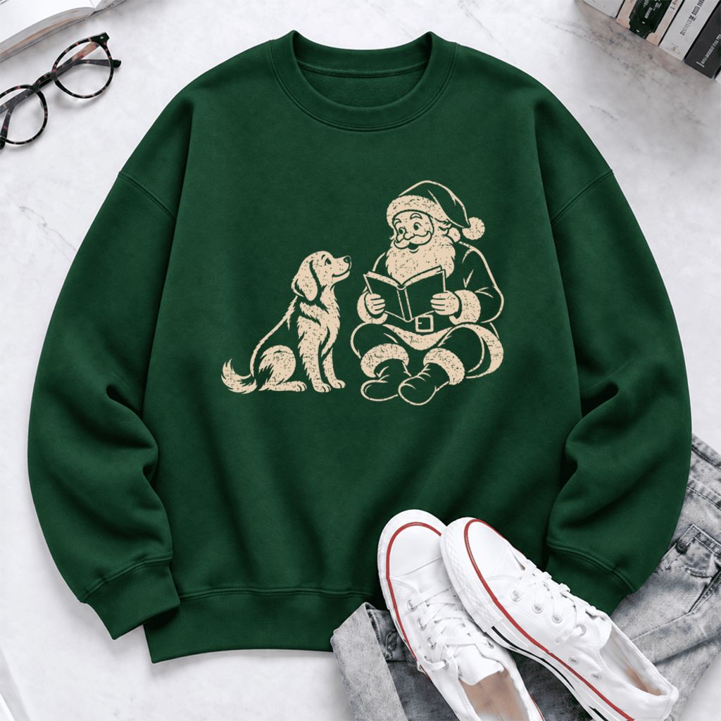 Funny Dog With Reading Santa Softstyle Sweatshirt | Christmas Book Lover Gift Forest Green