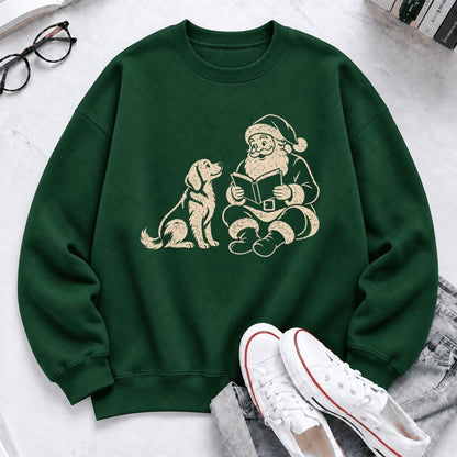 Funny Dog With Reading Santa Softstyle Sweatshirt | Christmas Book Lover Gift Forest Green