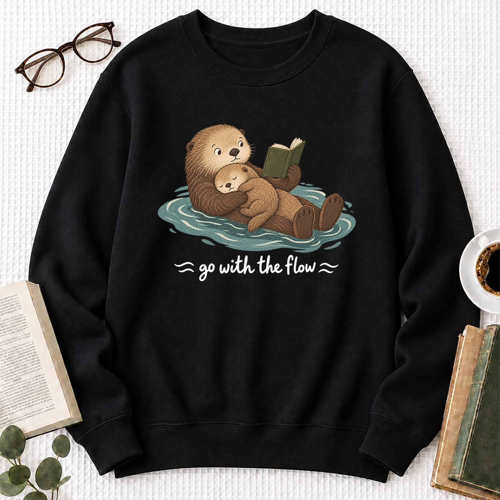 Go With The Flow Otter Reading Crewneck Sweatshirt | Reader Gift Black