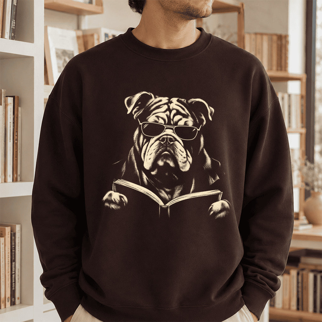 Bulldog Reading Book Crewneck Sweatshirt | Reader Gift Dark Chocolate
