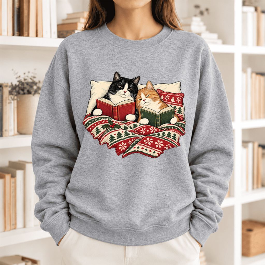 Christmas Reading Cat Couple Softstyle Sweatshirt | Cozy Christmas Gift Sport Grey
