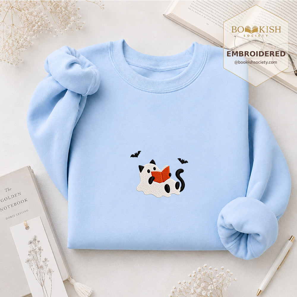 Reading Ghost Cat Embroidered Sweatshirt | Spooky Halloween Reader Gift Light Blue