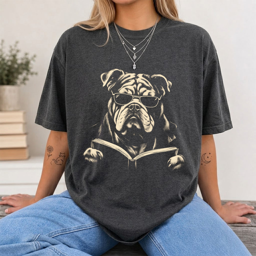 Bulldog Reading Book Softstyle T-Shirt | Book Lover Gift Dark Heather
